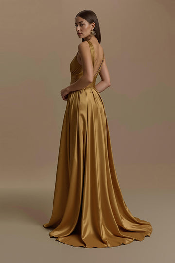 Golden A-Line V-Neck Satin Maxi Holiday Dress